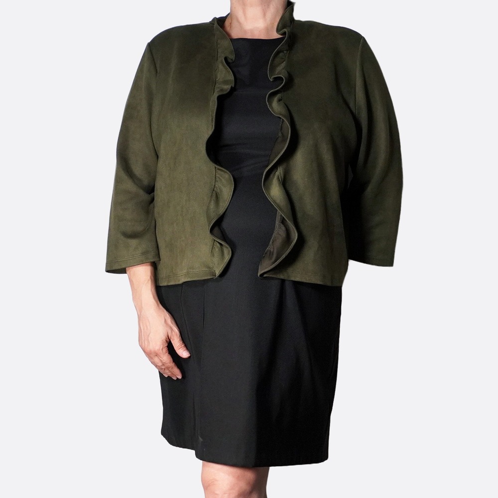 Slinky Brand Faux Suede Jacket XL 1X 2X Olive Green Ruffle Blazer Made‎ in USA